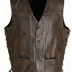 MEN’S ANTIQUE BROWN LEATHER VEST SIDE LACE WITH CONCEALED GUN POCKETS