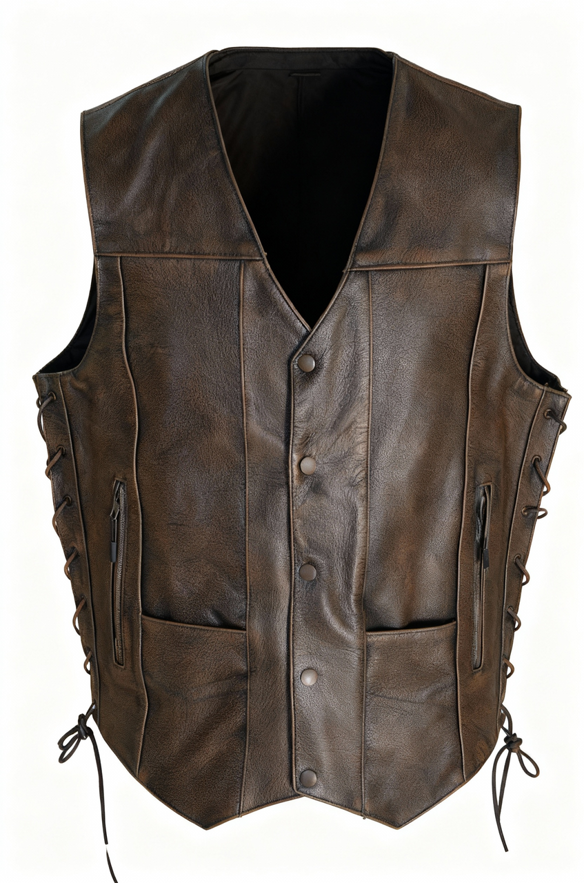 MEN’S ANTIQUE BROWN LEATHER VEST SIDE LACE WITH CONCEALED GUN POCKETS